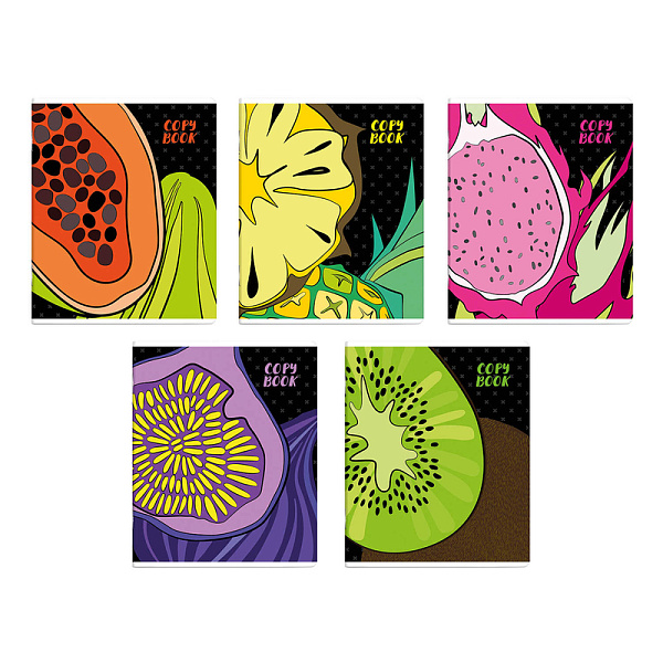 Тетрадь 48 л. кл. "ТРОПИЧЕСКИЕ ФРУКТЫ" мягкий переплёт (2 скобы), мелованный картон 190 г/м², ламинация "софт-тач" вельвет Упаковка Ассорти/ 