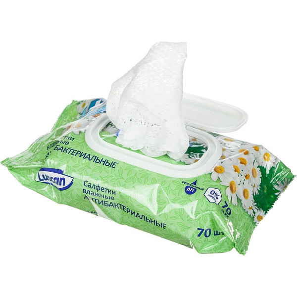 Салфетки влажные Luscan антибактериальные 70шт с крышкой