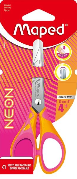 Ножницы 130 мм Maped NEON PULSE SOFT с прорезиненными ручками, симметричные, яркие неоновые цвета, в блистере