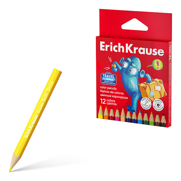 Карандаши 12 цв. ErichKrause Jolly Friends мини шестигранные, деревянные, грифель 3 мм, (в коробке с европодвесом 12 шт)