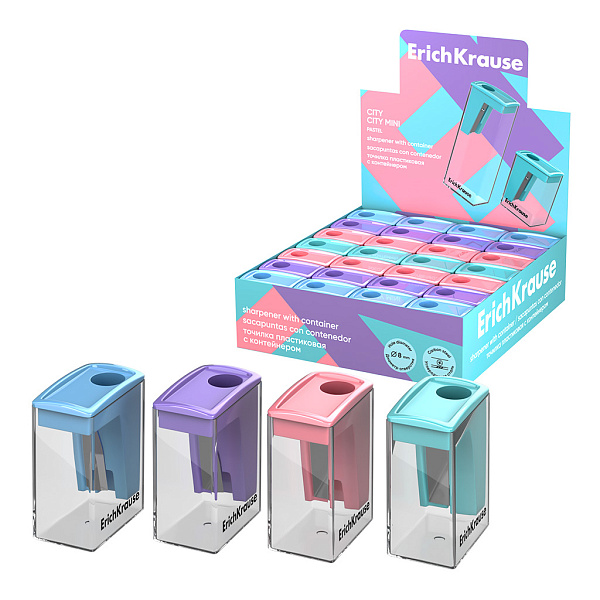 Точилка пластиковая ErichKrause City Mini, Pastel, с контейнером, ассорти (в коробке-дисплее по 28 шт)