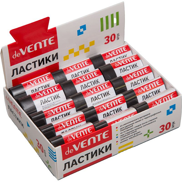 Ластик "deVENTE. Black" синтетический (ECO-PVC), трёхгранный черный, 44x20x20 мм, dust-free, в индивидуальной упаковке с штрих кодом, в картонном дисплее