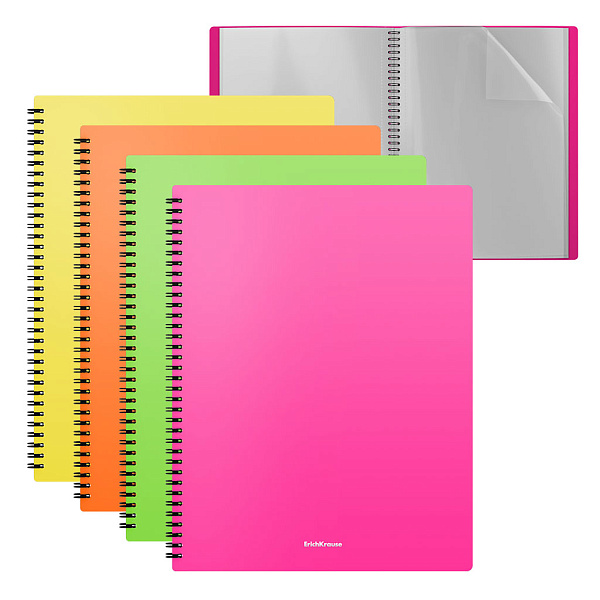 Папка файловая пластиковая на спирали ErichKrause® Matt Neon, с 20 прозрачными карманами, A4, ассорти (в пакете по 4 шт.)