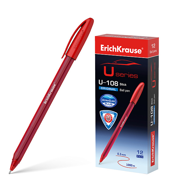 Ручка шариковая ErichKrause® U-108 Original Stick 1.0, Ultra Glide Technology, цвет чернил красный (в коробке по 12 шт.)