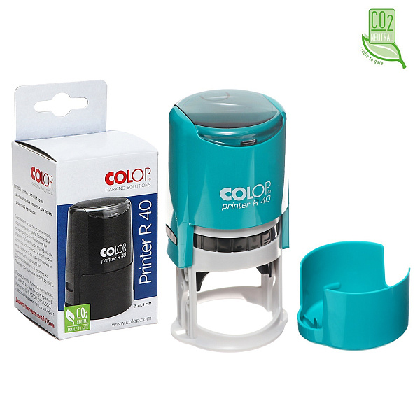 Оснастка для круглой печати PRINTER R40 green/blue с крышкой автомат. пластик. d41,5 мм, корп бирюза