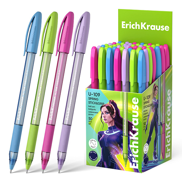 Ручка шариковая ErichKrause® U-109 Spring Stick&Grip 1.0, Ultra Glide Technology, цвет чернил синий (в коробке по 50 шт.)