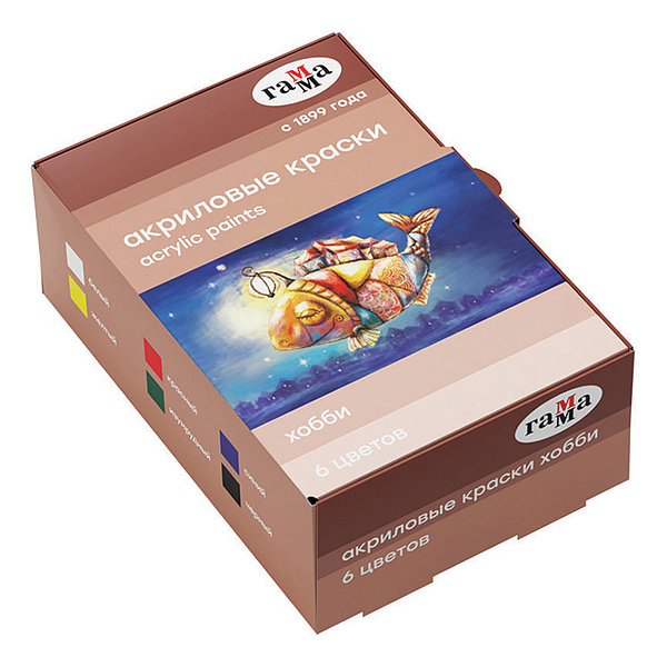 Краска акриловая 6 цветов по 20 мл, Гамма "Хобби", морозостойкая, глянцевый эффект, в картонной коробке