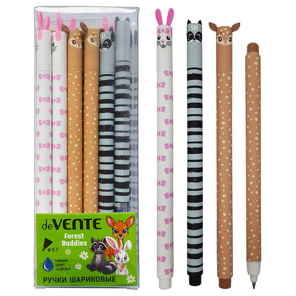 Ручка шариковая 0,7 мм "deVENTE. Forest Buddies" СИНЯЯ, корпус с эффектом Velvet-Touch, цвета корпуса ассорти 3 цвета, с декоративными элементами и запечаткой на колпачке и корпусе, сменный стержень, индивидуальная маркировка