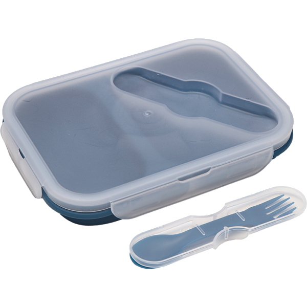 Ланчбокс складной герметичный "deVENTE" темно-синий, прямоугольный с 2-мя отдел. 1000 мл, 21,5x15x7,5 см, в сложенном виде высота 4 см, силиконовый, с пластиковой крышкой, с пластиковой вилкой-ложкой в комплекте,