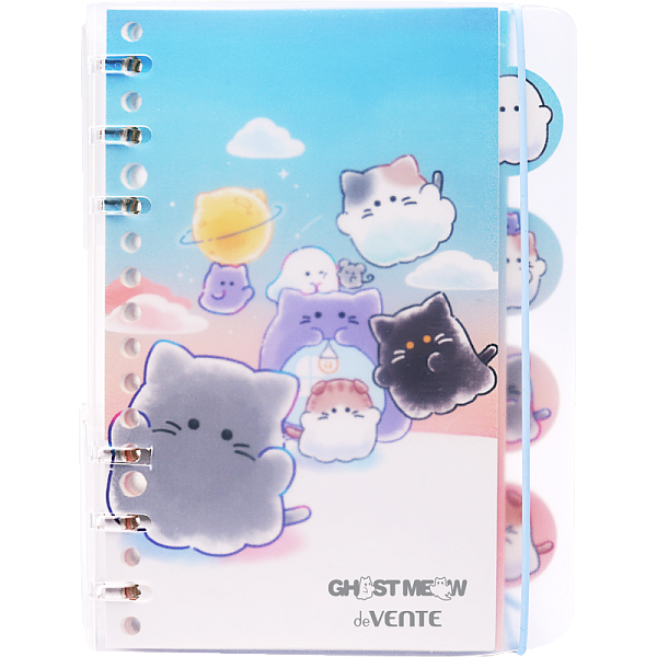 Блокнот "deVENTE. Ghost Meow" B6 40 л, лин. пластиковая обложка на 6-ти пластиковых кольцах, 4 картонных фигурных разделителя с цветной печатью, белая бумага 80 г/м², цветная печать, вертикальная резинка, в пластиковом пакете