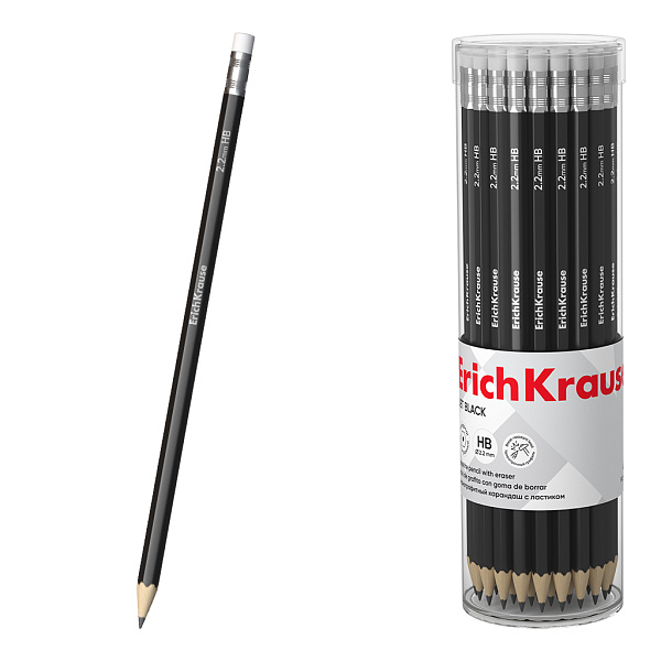 Карандаш ч/г HB ErichKrause Jet Black, шестигранный , с ластиком, HB (в тубусе по 42 шт.)