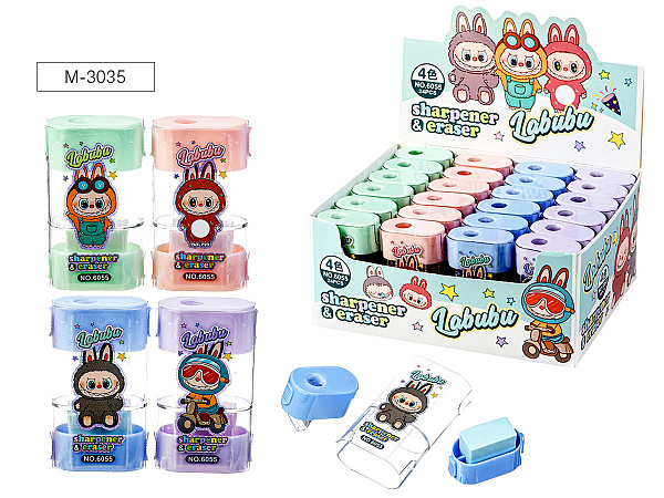 Точилка пластиковая ЗУБАСТИК, 2 отверстия для заточки, ластик, 4 дизайна, с контейнером для стружки,  картонный дисплей