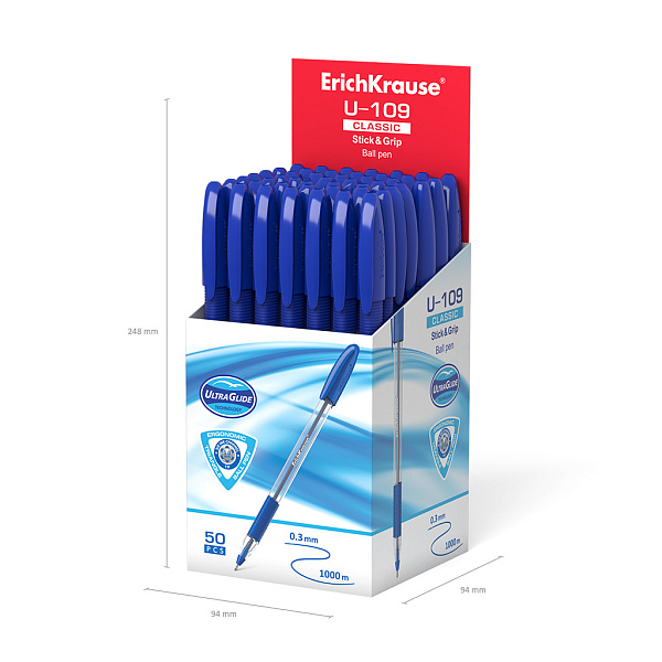 Ручка шариковая ErichKrause® U-109 Classic Stick&Grip 1.0, Ultra Glide Technology, цвет чернил синий (в коробке по 50 шт.)