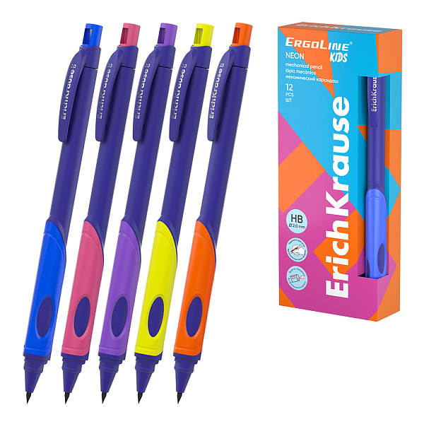Карандаш механический 2,0 мм ErichKrause ErgoLine® Kids Neon с точилкой, НВ (в коробке по 12 шт.)