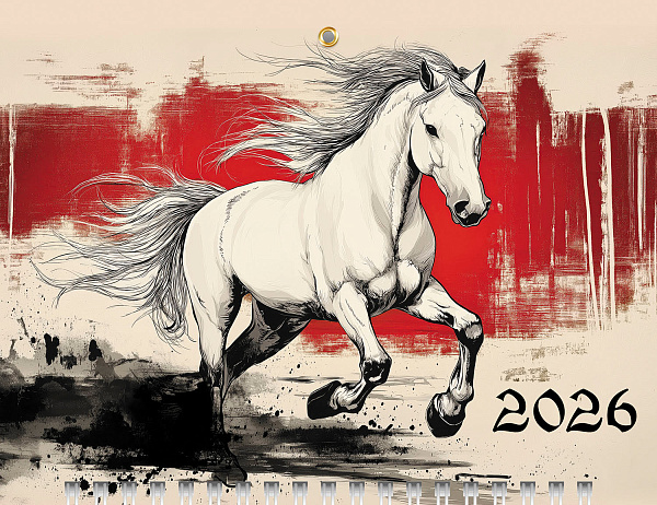 Календарь 2026 3-х блоч. на 1 гребне МИНИ-1 "Год Лошади" 195х440мм бум. Офсет. цветной блок с бегунком цветная подложка  в индив.упак.
