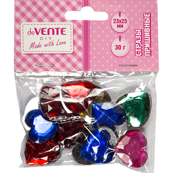Стразы пришивные "deVENTE. Сердце" акриловые, 23x25 мм, 30 г, цвет ассорти в пластиковом пакете с блистерным подвесом