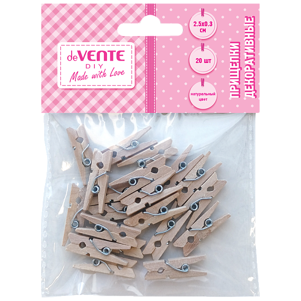 Прищепки декоративные "deVENTE. DIY Natural Wood" деревянные, 25x3 мм, 20 шт, натуральный цвет, в пластиковом пакете с блистерным подвесом