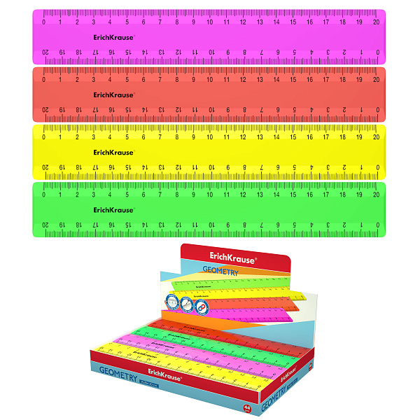 Линейка 20 см ErichKrause Neon Solid, пластиковая, ассорти (в коробке-дисплее по 44 шт)