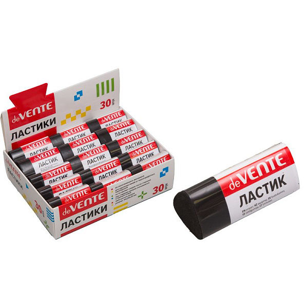 Ластик "deVENTE. Black" синтетический (ECO-PVC), трёхгранный черный, 44x20x20 мм, dust-free, в индивидуальной упаковке с штрих кодом, в картонном дисплее