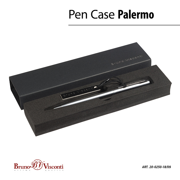 Ручка "PALERMO" в подарочном футляре, 0.7 ММ, СИНЯЯ (корпус серебр, футляр черный)