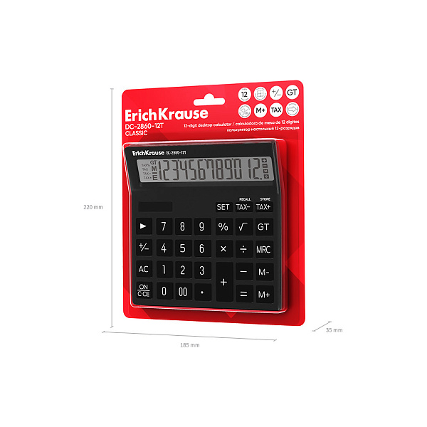 Калькулятор 12 разр., ErichKrause DC-2860-12T Classic, черный (в блистере по 1 шт.)