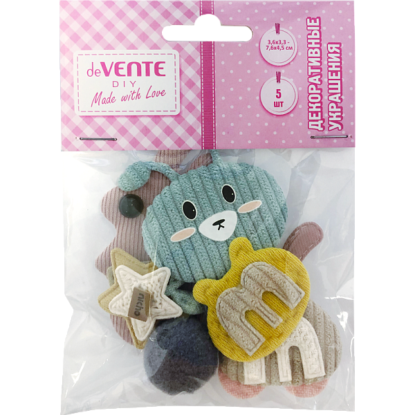 Декоративные украшения "deVENTE. Bunny" тканевые, от 36x33 мм до 76x45 мм, 5 шт, ассорти дизайнов, в пластиковом пакете с блистерным подвесом