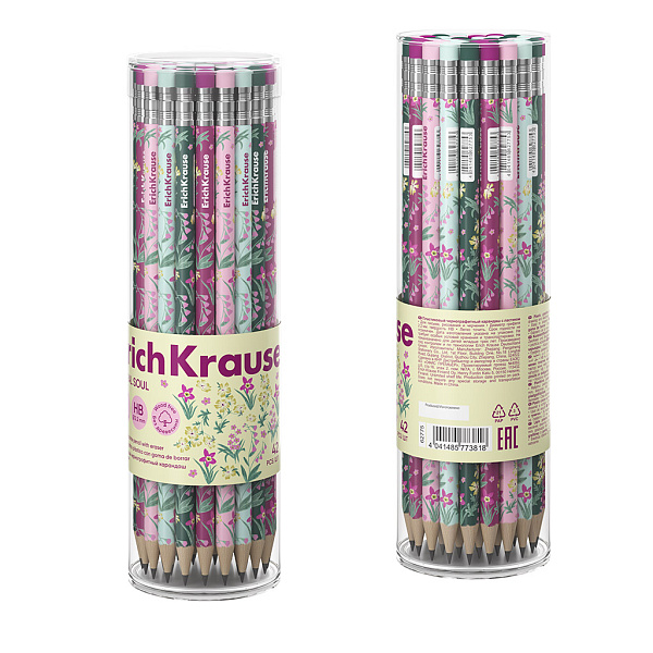 Карандаш ч/г HB ErichKrause Floral Soul, пластиковый, круглый, с ластиком, НВ (в тубусе по 42 шт.)
