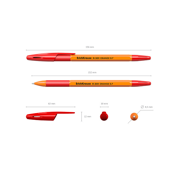 Ручка шариковая ErichKrause R-301 Stick&Grip Orange 0.7, КРАСНАЯ