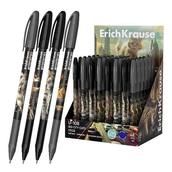 Ручка шариковая ErichKrause U-108 Stick Big City Cats 1.0, Ultra Glide Technology, цвет чернил синий (в дисплее по 48 шт.)