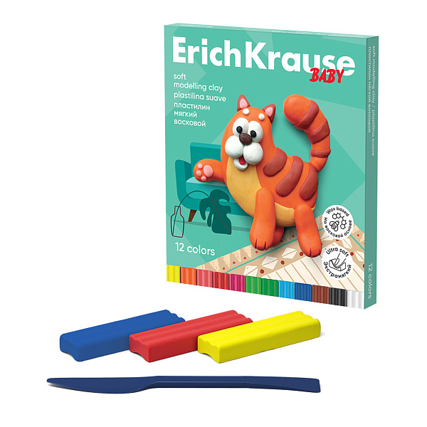 Пластилин 12 цв. мягкий восковой ErichKrause Baby со стеком, 156 г (в коробке)