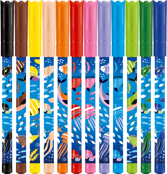 Фломастеры 12 цв. Maped COLOR'PEPS OCEAN LIFE с заблокированным пишущим узлом, суперсмываемые, в пакете с подвесом