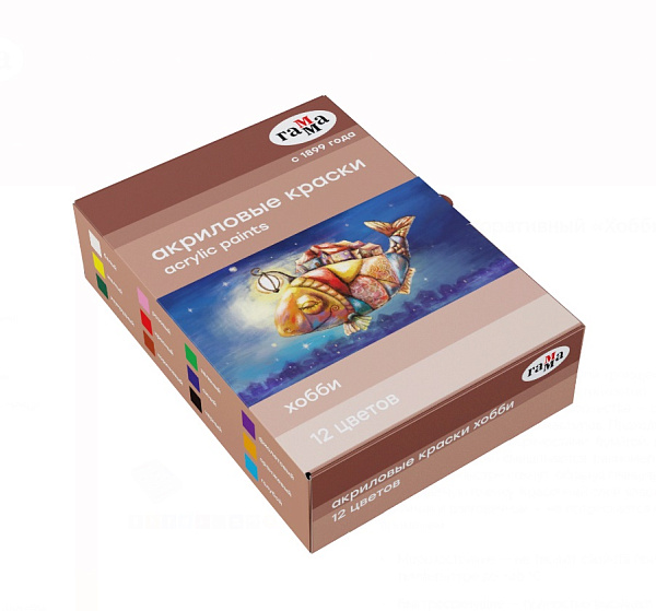 Краска акриловая 12 цветов по 20 мл, Гамма "Хобби", морозостойкая, глянцевый эффект, в картонной коробке