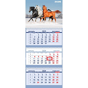 Календарь 2026 3-х блоч. "Attomex. 3 Арабских скакуна" (295x700 мм) на 3-х пружинах, складной с курсором, кольцо пикколо, офсет 65 г/м², печать в 2 краски, обложка мелованный картон 250 г/м², печать в 4 краски + ВД-лак, пластиковый пакет с евро подве