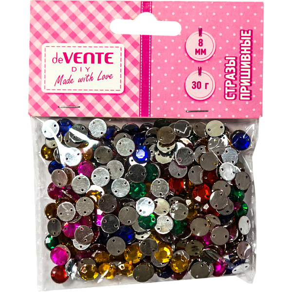 Стразы пришивные "deVENTE. Круглые"акриловые, 8 мм, 30 г, цвет ассорти в пластиковом пакете с блистерным подвесом