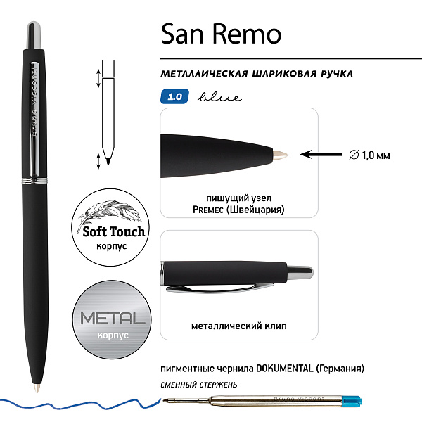РУЧКА "SAN REMO" В МЕТАЛЛИЧЕСКОМ ФУТЛЯРЕ, 1.00 ММ, СИНЯЯ (корпус черный, футляр черный) (10702070/291221/3046922,КИТАЙ)