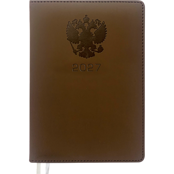 Ежедневник 2027 "deVENTE. Emblem" A5 (145 ммx205 мм) 336 стр, коричневый, кремовая бумага 70 г/м² в линейку, печать в 2 краски, твердая обложка из искусственной кожи с поролоном, отстрочка, термо тиснение, перфорация, закругленные уголки, 2 ляссе, в 