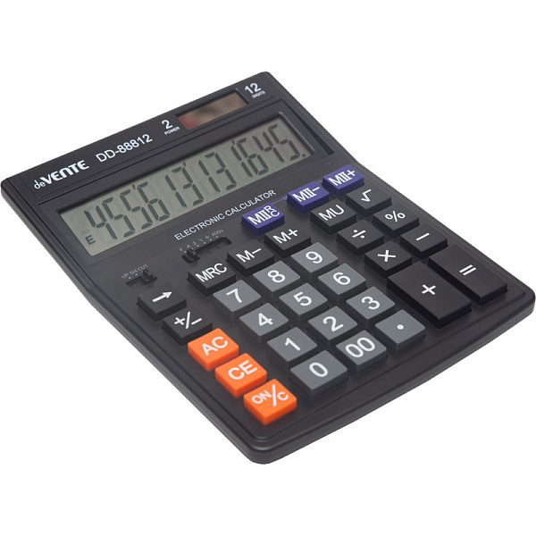 Калькулятор 12 разр., "deVENTE" DD-88812, 145x190x35 мм, 2-е питание, 2 память, черный, автоматическое вычисление процентов, наценки, клавиша "00" коррекция последнего введенного значения, функция смены знака, автоматическое отключение, прорезиненные
