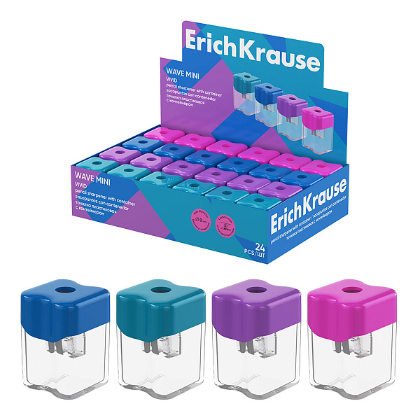Точилка 1 отв. ErichKrause Wave Mini, Vivid, пластиковая, с контейнером, ассорти (в коробке-дисплее)
