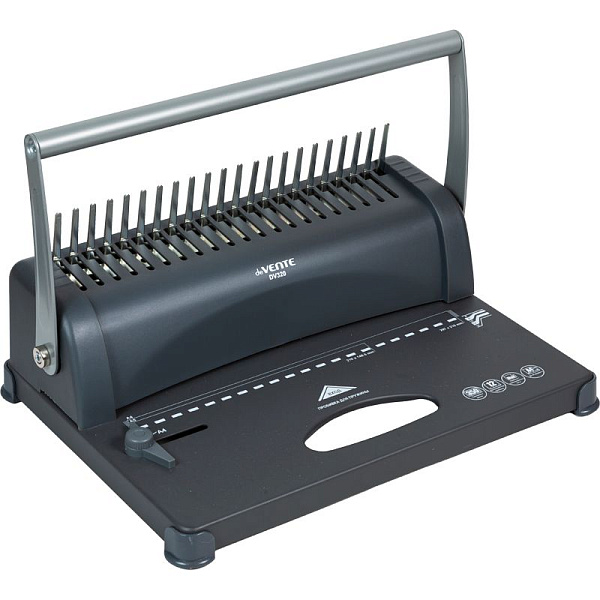 Брошюратор A4 DV320 "deVENTE" (390x260x160 мм) одновременная перфорация 12 листов, максимальное количество переплетаемых листов 350 листов, диаметр пружин от 6 до 51 мм, шаг 9:16, 21 отверстие, 4 отверстия для папки на кольцах, вес нетто 3,7 кг, гара