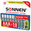 Батарейки КОМПЛЕКТ 10 шт, SONNEN Alkaline, AAA (LR03, 24А), алкалиновые, мизинчиковые, короб