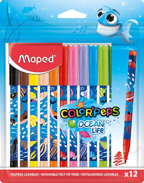 Фломастеры 12 цв. Maped COLOR'PEPS OCEAN LIFE с заблокированным пишущим узлом, суперсмываемые, в пакете с подвесом