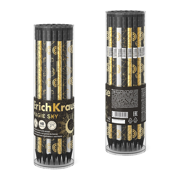 Карандаш ч/г HB ErichKrause Magic Sky, трехгранный, с ластиком, HB (в тубусе по 42 шт.)