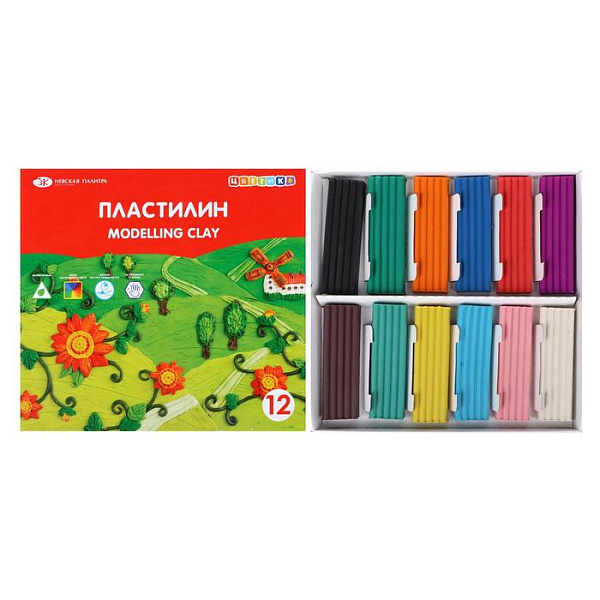 Пластилин 12 цв. классический "Цветик", 180г в карт.кор.