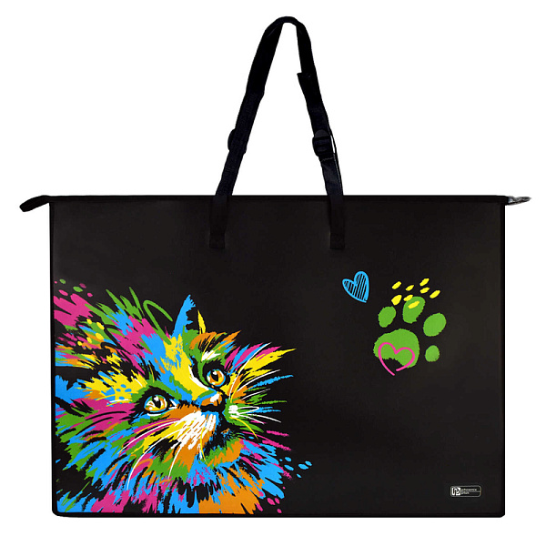 Папка д/чертежей и рисунков А2 "НЕОНОВЫЙ КОТ" (полипропилен, 65х47х11 см, 1 отд., молния, ручки, внутренний ПВХ карман А4 формата, ши