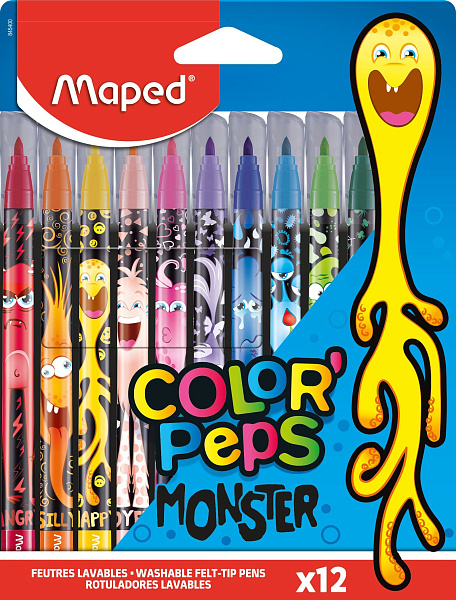 Фломастеры 12 цв. Maped COLOR'PEPS MONSTER с заблокиров. пишущим узлом, смываемые, 