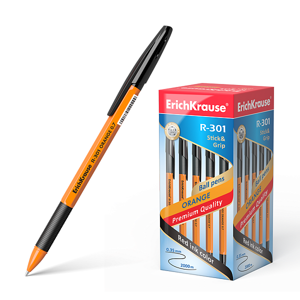 Ручка шариковая ErichKrause® R-301 "GRIP ORANGE" черная 0,7 мм 