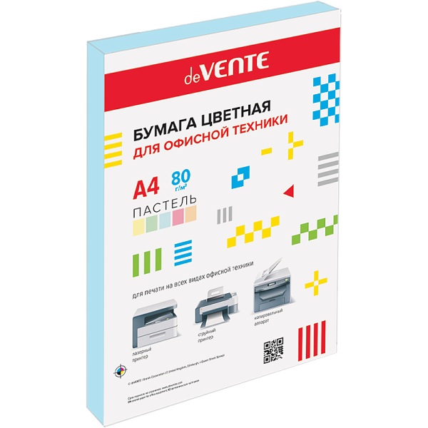 Бумага цветная для офисной техники "deVENTE" A4 50 л, 80 г/м², пастельный голубой, в пластиковом пакете