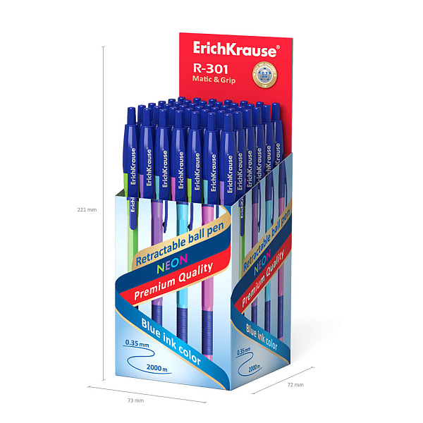 Ручка шариковая автоматическая ErichKrause® R-301 Neon Matic&Grip 0.7, цвет чернил синий (в коробке по 50 шт.)