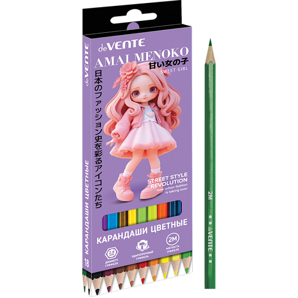 Карандаши 18 цветов "deVENTE. Amai Menoko" 2М, диаметр грифеля 2,8 мм, шестигранные, в картонной коробке