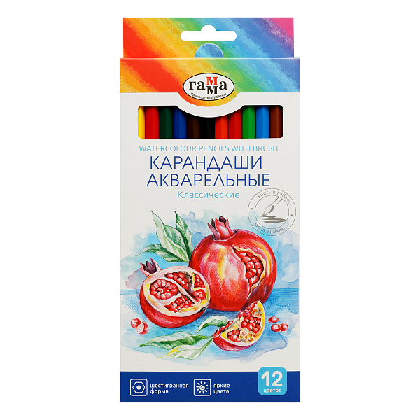 Карандаши акварельные 12 цветов Гамма "Классические", с кистью, шестигранный деревянный корпус, заточенные, картонная упаковка